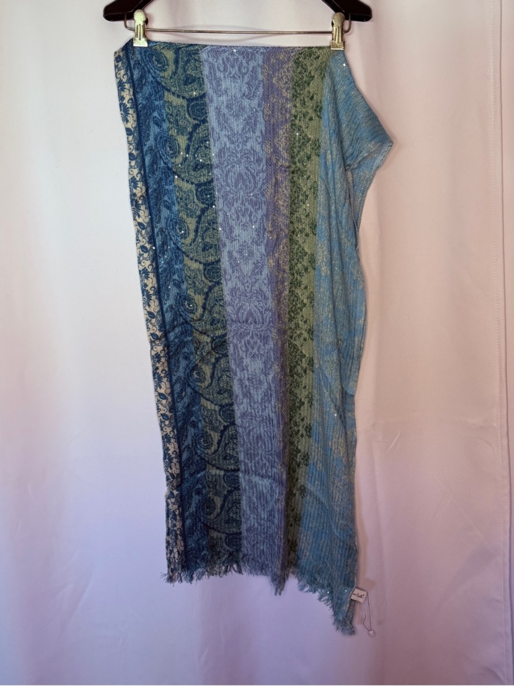 Simply Noelle Blue & Green Striped Paisley Knit Wrap Scarf